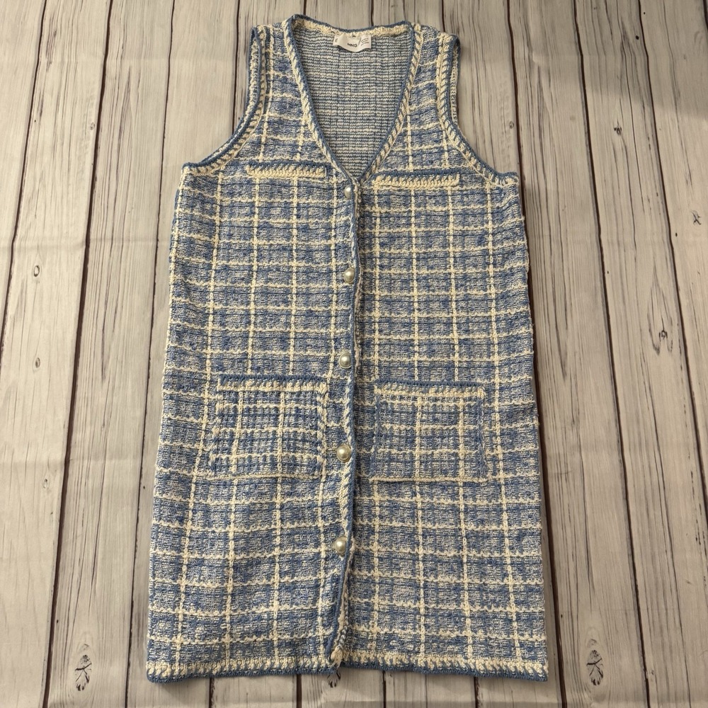 MNG Mango Blue Ivory Tweed Knit Long Vest Button Front Pockets Women XS